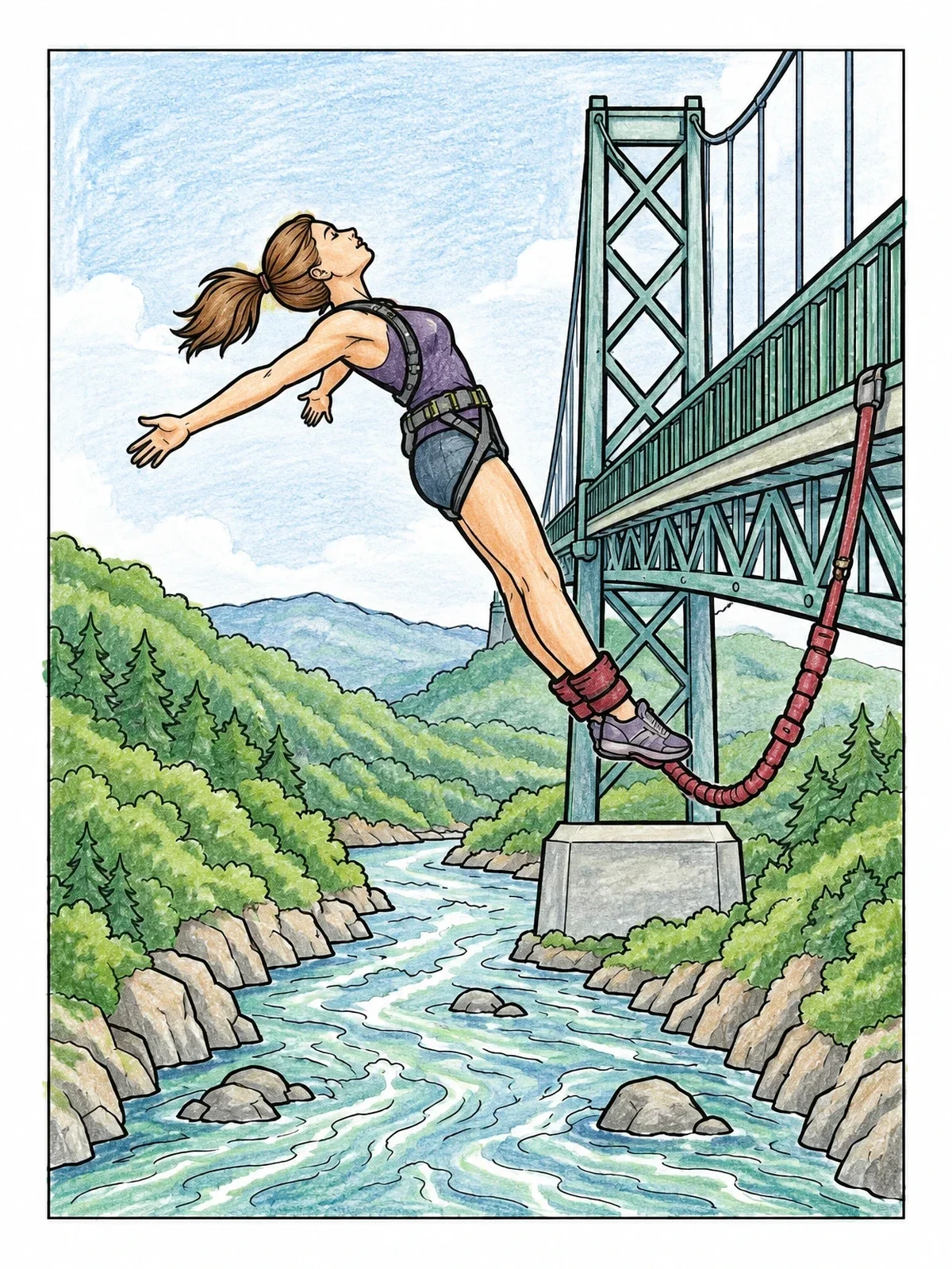 Colored example of the Bungee Jumping From A Suspension Bridge coloring page