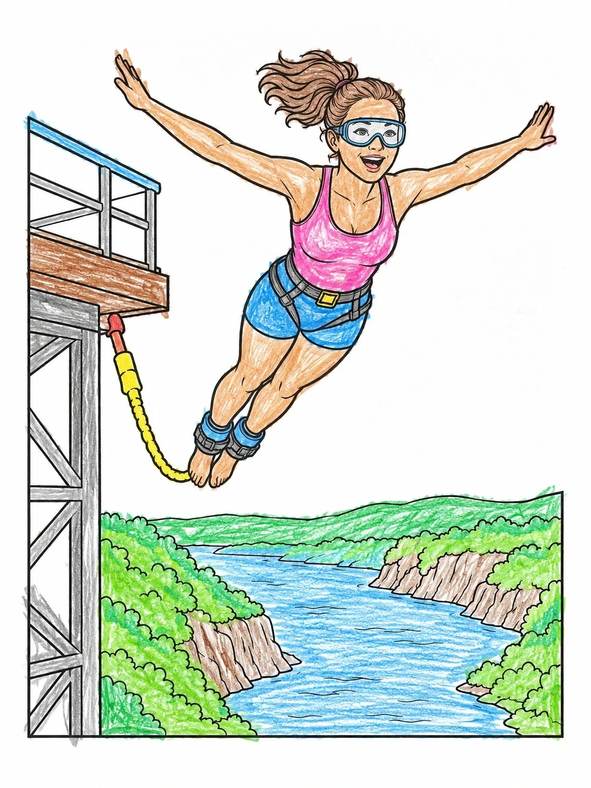 Colored example of the Bungee Jumper Leaping From Platform coloring page