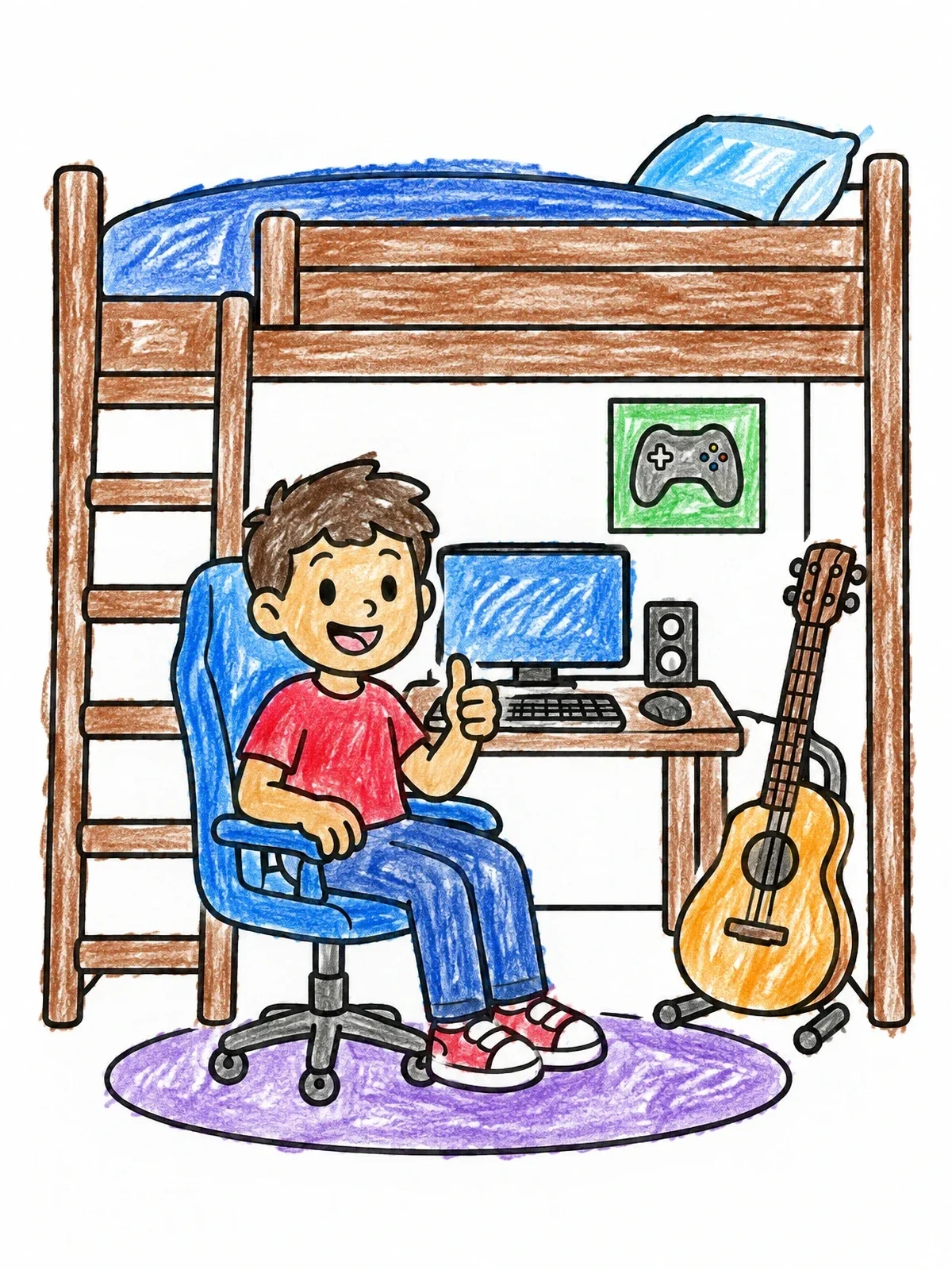Colored example of the Cozy Loft Bed With Desk Setup coloring page
