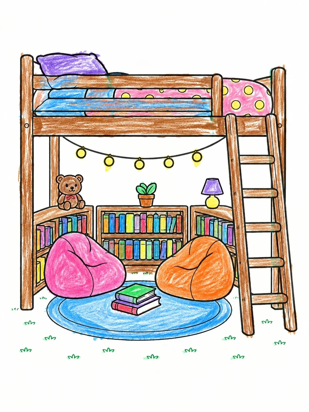 Colored example of the Cozy Loft Bed Reading Nook coloring page