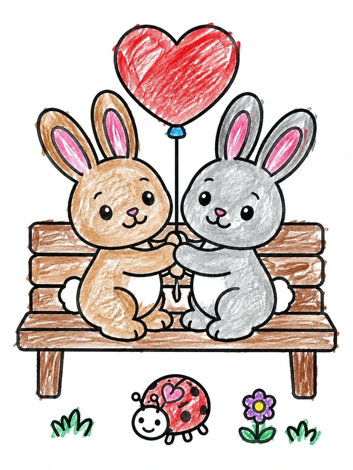 Colored example of the Bunnies On Bench With Heart Balloon coloring page