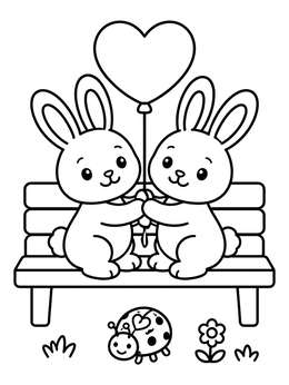 Free printable Bunnies On Bench With Heart Balloon coloring page