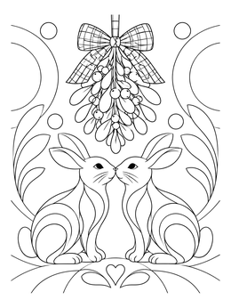 Two sweet bunnies touching noses on this festive mistletoe coloring page.