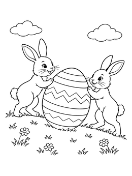 Two happy rabbits roll a patterned giant egg in this easter egg coloring page.