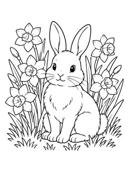 Free printable Cute Bunny Among Spring Daffodils coloring page