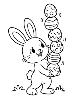 A cheerful bunny balances a tall stack of decorated eggs in this easter bunny coloring page.