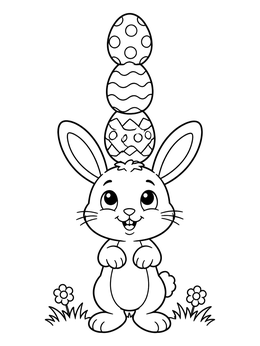 A cute easter bunny coloring page balancing three patterned eggs on its head.