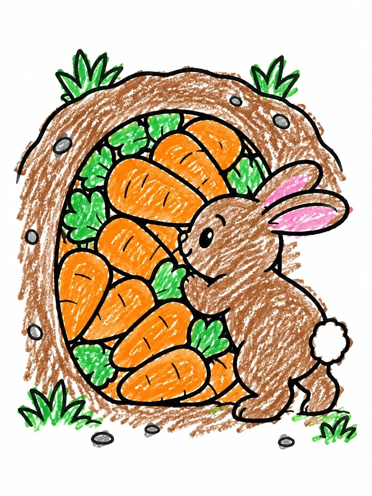 Colored example of the Bunny Stacking Carrots In Burrow coloring page