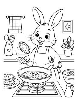 A happy bunny flipping latkes in this cheerful hanukkah coloring page.