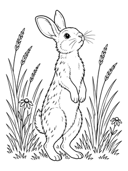 A cute bunny coloring page featuring a wild rabbit standing upright in meadow grass.