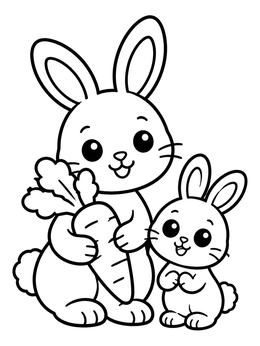 Free printable Cute Bunnies With A Big Carrot coloring page