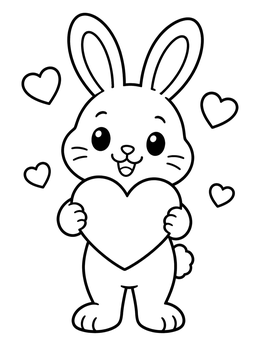 A cheerful bunny coloring page featuring a cartoon rabbit holding a big heart.