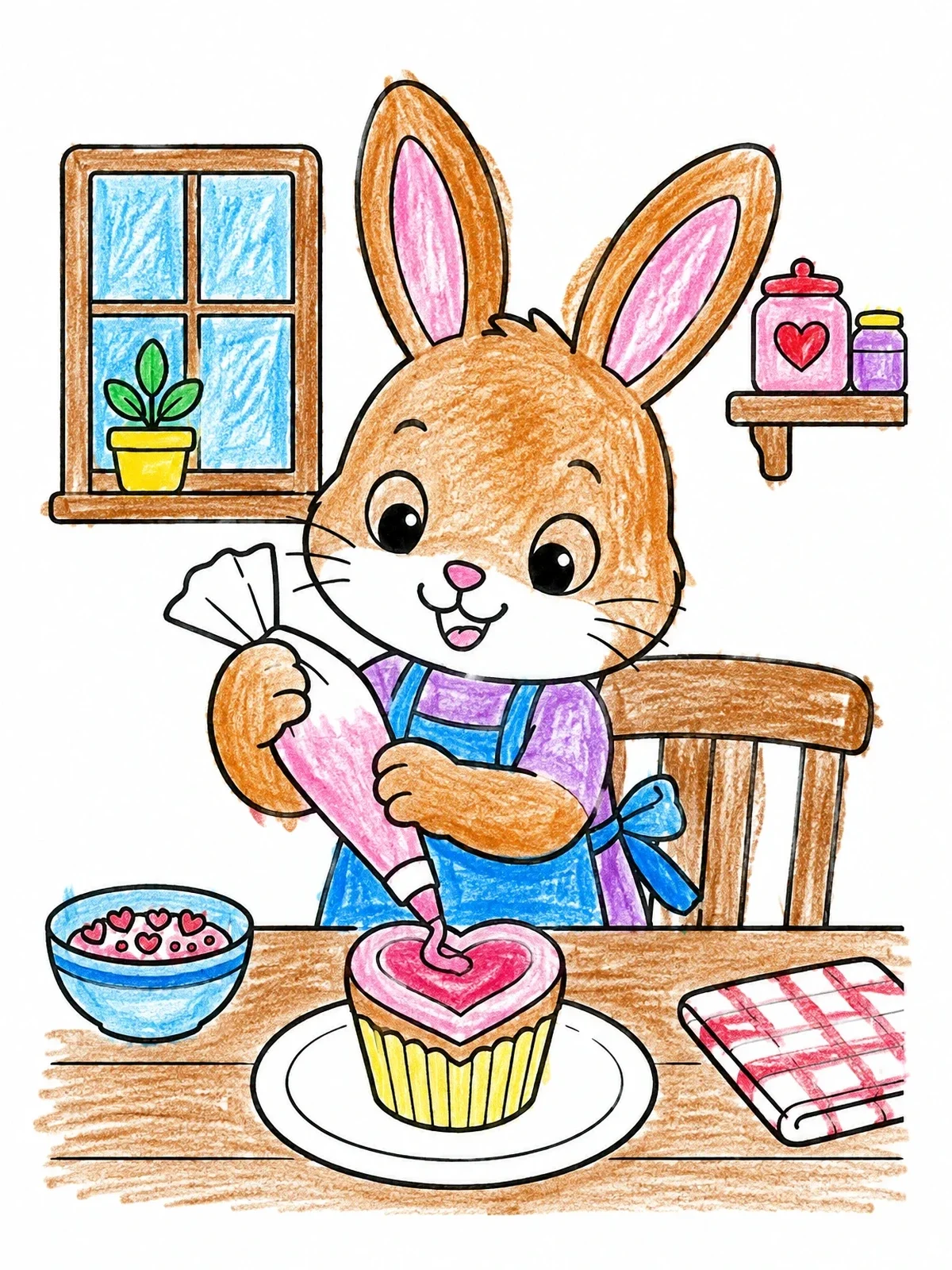 Colored example of the Cute Bunny Decorating Valentine Cupcake coloring page