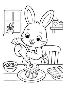 Free printable Cute Bunny Decorating Valentine Cupcake coloring page