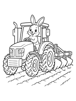 A cheerful bunny drives a tractor plowing fields in this farm coloring page.