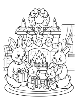 A festive christmas bunny coloring page showing a bunny family opening presents by the fireplace.
