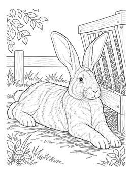 A detailed bunny coloring page showing a large rabbit resting next to a wooden hay feeder.