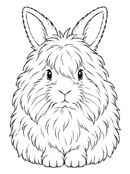 A fluffy bunny coloring page featuring a front-facing long-haired Angora rabbit portrait.