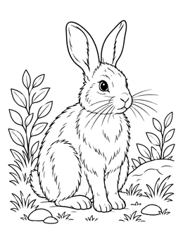 A fluffy hare resting outdoors in this detailed bunny coloring page.