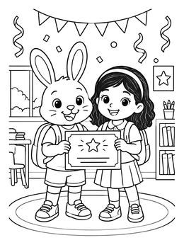 A cheerful kindergarten graduation coloring page featuring a cute bunny and girl holding an award diploma.