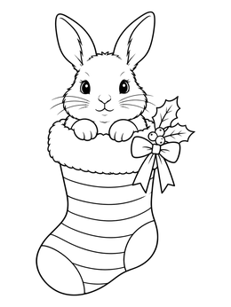 A sweet christmas bunny coloring page showing a rabbit inside a striped holiday stocking.