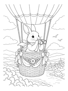Free printable Cute Bunny In A Hot Air Balloon Basket coloring page