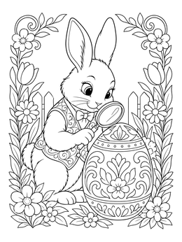 An easter bunny coloring page shows a rabbit with a magnifying glass inspecting an ornate egg.