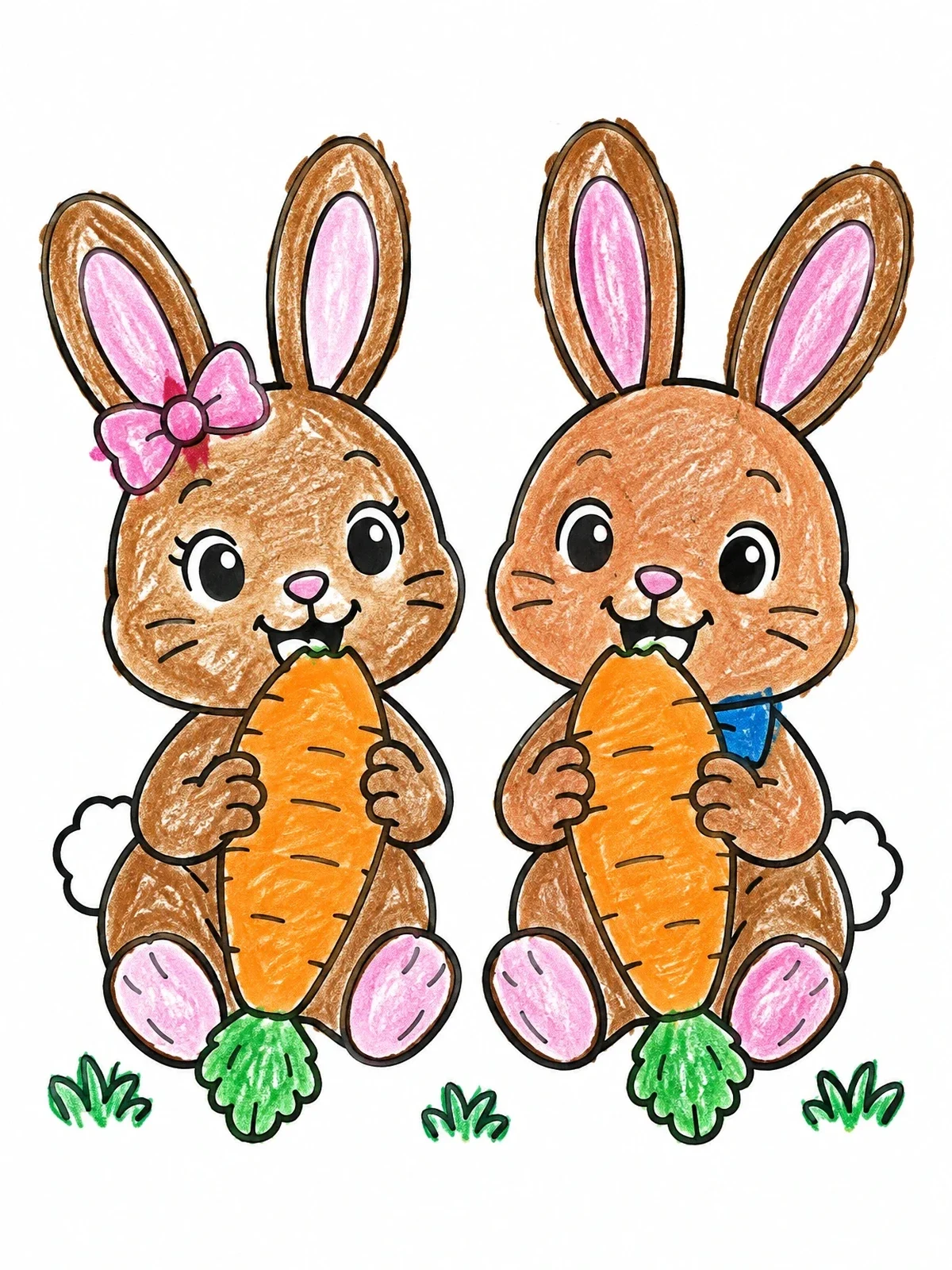 Colored example of the Cute Bunny Couple Eating Carrots coloring page