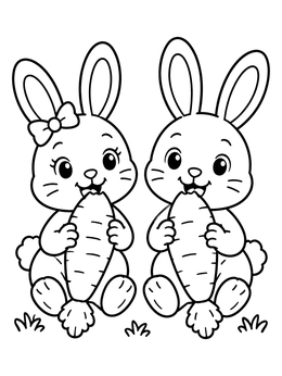 A sweet bunny mom and dad coloring page with two rabbits snacking on carrots.