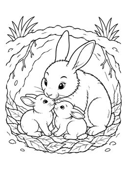 A sweet bunny coloring page showing a mother rabbit snuggling two baby kits inside their cozy leafy burrow.