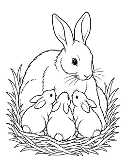 A mother rabbit caring for three little kits nestled together in this bunny coloring page.