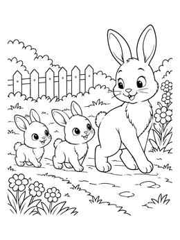 A sweet bunny coloring page with a mother rabbit leading two babies along a garden path.