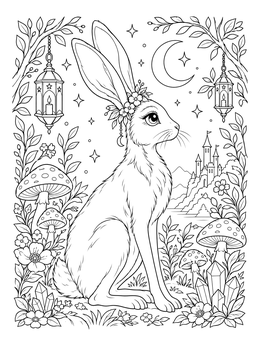 A detailed bunny coloring page showing a slender hare in a magical landscape with lanterns and a castle.