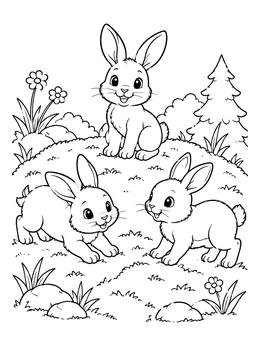 Three cheerful rabbits play together in this bunny coloring page outdoors.