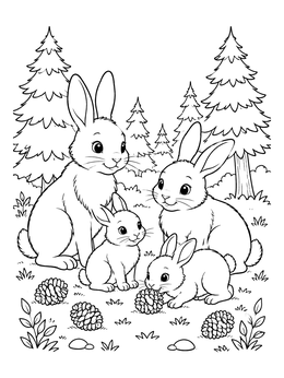 A sweet rabbit family rests in a forest on this bunny coloring page.