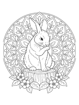 Detailed bunny coloring page featuring a rabbit grooming its paw on a stump before a floral mandala.