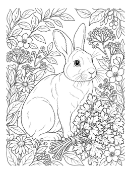 A detailed bunny coloring page showing a rabbit beside fresh herbs and blooming flowers.