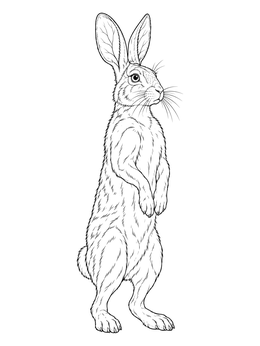 Realistic bunny coloring page featuring a wild cottontail rabbit standing upright on its hind legs.