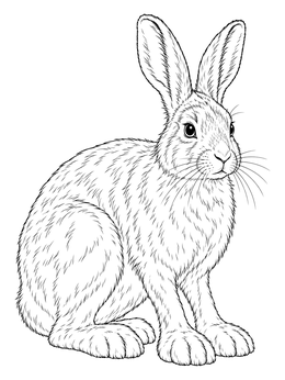 A detailed bunny coloring page showing a realistic snowshoe hare sitting alertly.