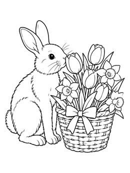 A fluffy bunny sits beside a flower basket coloring page filled with tulips and daffodils.