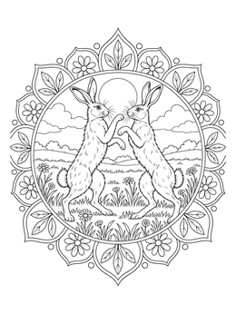 Two hares boxing in a meadow inside a mandala frame in this bunny coloring page.