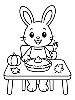 A cheerful bunny coloring page featuring a rabbit sitting at a table with a pie and a small pumpkin.