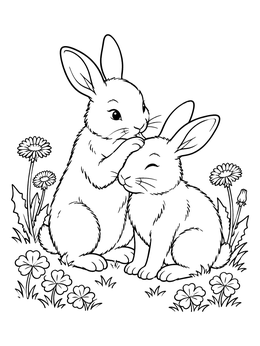 A sweet bunny coloring page showing two wild rabbits resting together amid dandelions.