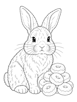 A fluffy rabbit sitting beside sweet treats in this donut coloring page.