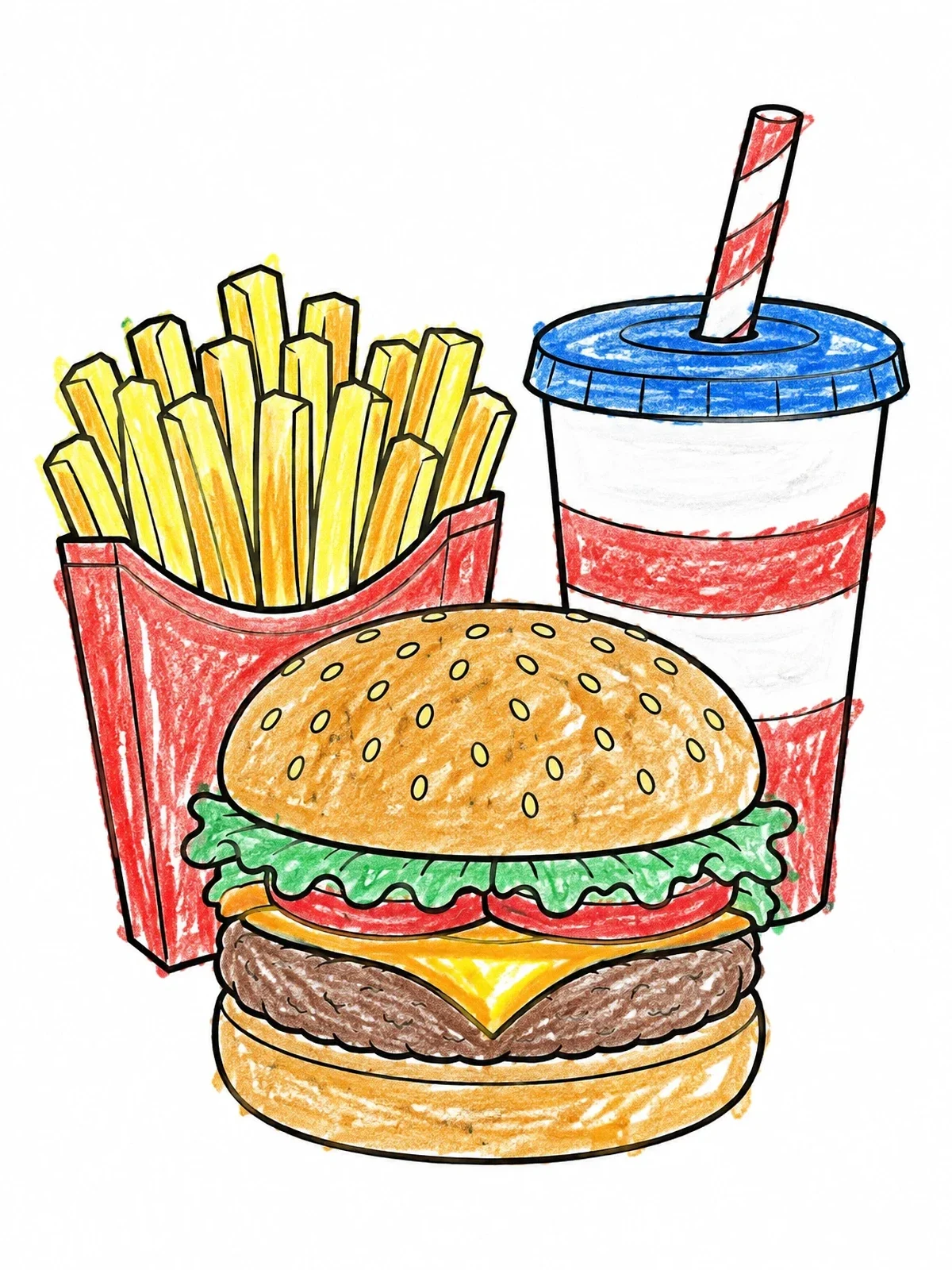 Colored example of the Fast Food Burger Combo Meal coloring page