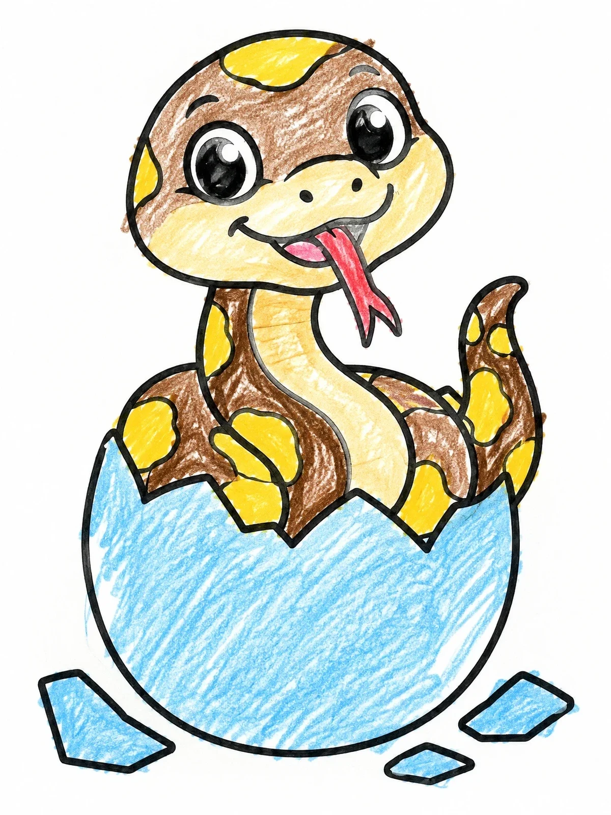 Colored example of the Cute Baby Python Hatching From Egg coloring page