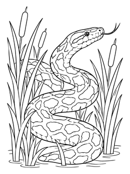A winding burmese python coloring page surrounded by tall marsh cattails.
