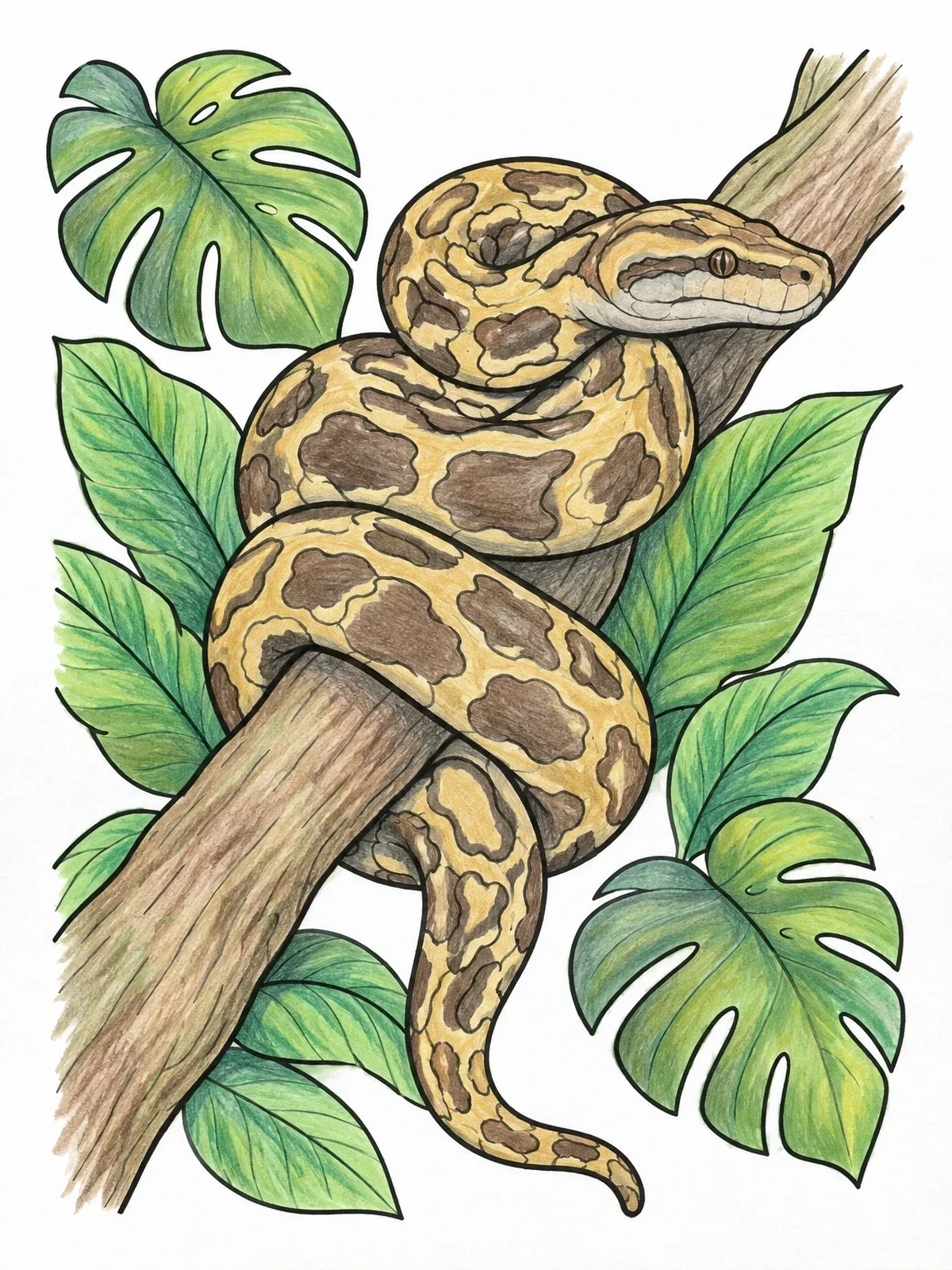 Colored example of the Burmese Python On Jungle Branch coloring page