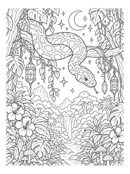 A detailed burmese python coloring page resting among vines above a scenic jungle waterfall.