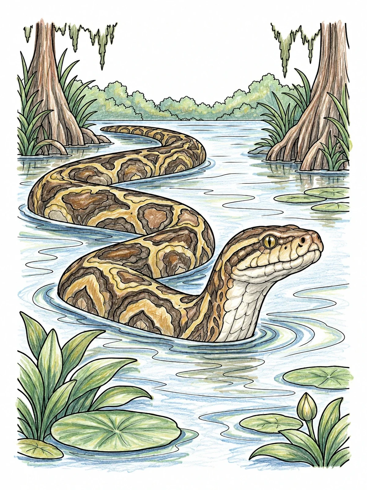 Colored example of the Burmese Python Swimming In Swamp coloring page